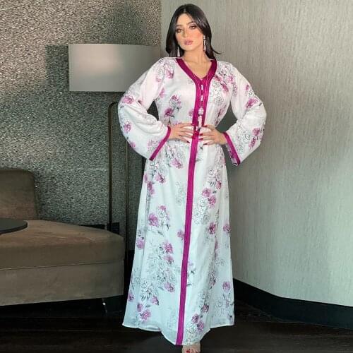 Middle Eastern Womens Ribbon V Neck Gold Silk Print Ethnic Maxi Dresses African Saudi Arabic Abaya Muslim Oman Arabic Robe 2021