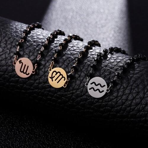 12 Constellation Charm Bracelet for Women Men Gold Stainless Steel Adjustable Chain Black Faceted Beads Bracelets Jewelry Gift