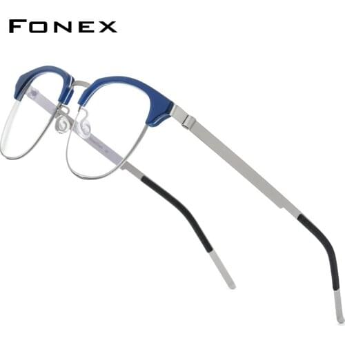 FONEX Acetate Alloy Glasses Men Round Myopia Optical Prescription Eyeglasses Frame Women 2021 New Korean Screwless Eyewear 98627