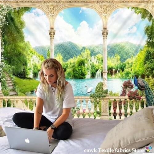 Viewing Platform Tapestry Ancient Rome Middle Ages Column Mountain Forest Castle River City Peacock Swan Wall Hang