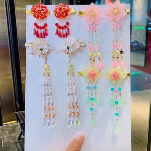 Chinese Style Hanfu Headdress Retro Fringed Childrens Hairpin Red Pink Flower Beaded Pendant Lady Baby Hair Clips Headwear