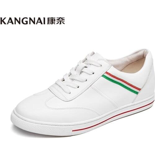 KANGNAI White Shoes Women Sneakers Genuine Leather Round Toe Lace-Up Leisure Mixed Colors Flats