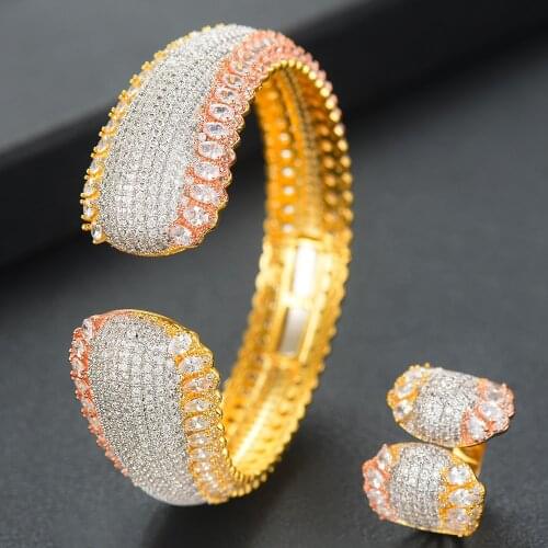 LARRAURI 3 Tone African Nigerian Bangle Ring Sets Wedding Jewelry sets Brand Trendy Ball Winding Indian Jewelry Set For Women
