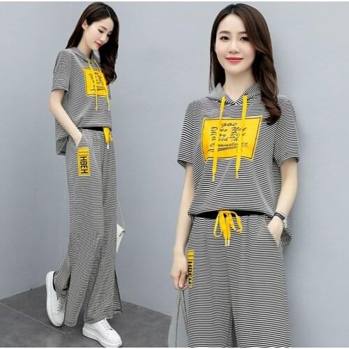 Fashion Hooded Top Wide Leg Pants Suit Casual Summer 2021 New Printed Striped Two Piece Set Women Clothes