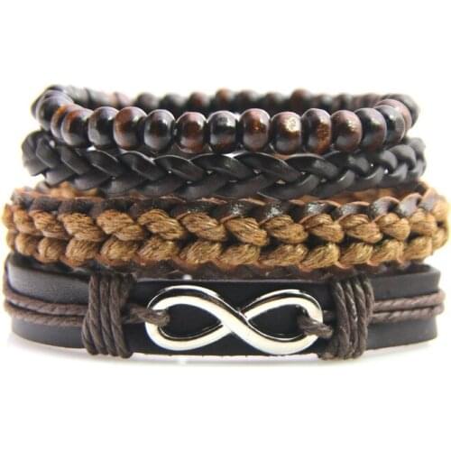 4pcs/set Handmade Fashion Trendy Vintage Handmade Wood Bead Unlimited Charm Men Leather Bracelet For Women Jewelry Accessory