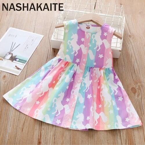 NASHAKAITE 2021 Summer Girls Dress Sweet Round Neck Unicorn Sleeveless Print Dress Toddler Girl Dress Kids clothing For Girls