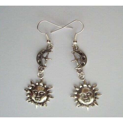 New Fashion Jewelry 50Pair Vintage Style Tibetan Silver Celestial Sun Moon&Star Charms Drop Earrings Gift Fast Shipping