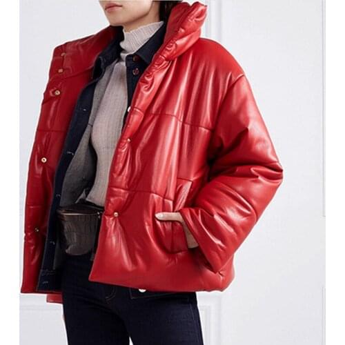 Solid PU Leather Parkas Women Fashion High Imitation Leather Coats Women Elegant Thick Cotton Jackets Female Ladies BY276