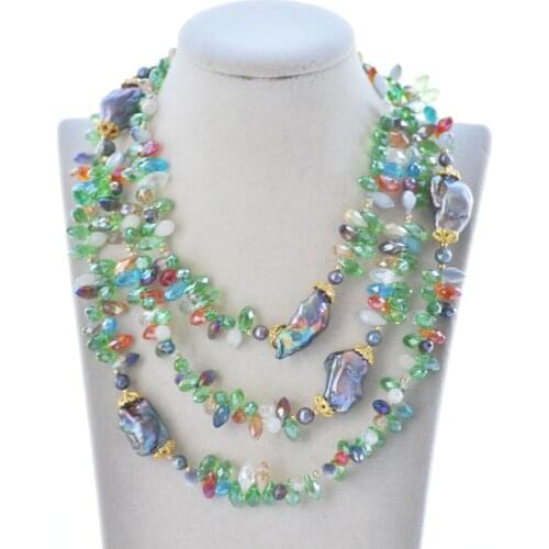 P7516 52" 30mm Black Baroque Keshi Pearl Multicolor Faceted Crystal Necklace Choker Women jewelry