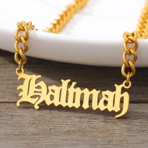 Custom Gothic Old English Name Necklace Personalized Gold Plated Stainless Steel Cuban Chain Nameplate Men Jewelry