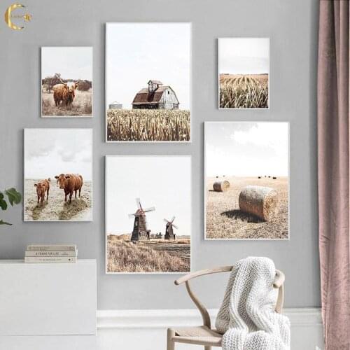 Pastoral Landscape Poster Picture Nordic Cow Farm Windmill Scenery Canvas Painting Wall Art Print for Living Room Home Decor