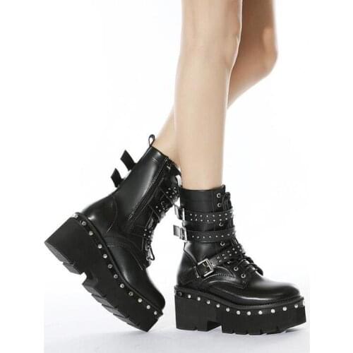 Sexy Buckle Womens winter high boots Leather Block Heel Gothic Black Punk Style Platform Shoes Female Footwear Womens shoes