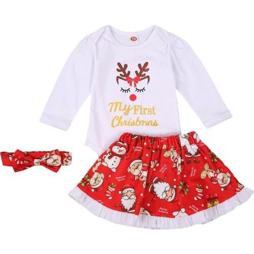 3-piece New Born Girls Christmas Dress Set Letter Reindeer Print Long Sleeve Top Bodysuits Santa Print Short Skirt and Hair Band