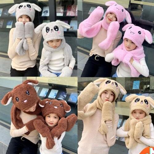Baby Girls Mom Rabbit Ear Moving Jumping Hats Children Women Warm Plush Winter Scarf Caps Gloves Kids Cute Bunny Funny Hats Cap