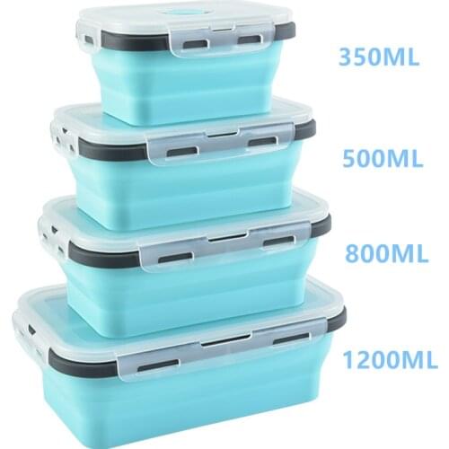 4 Sizes Retractable Folding Silicone Lunch Box Outdoor Portable Microware Lunch Box Square Collapsible Silicone Food Container