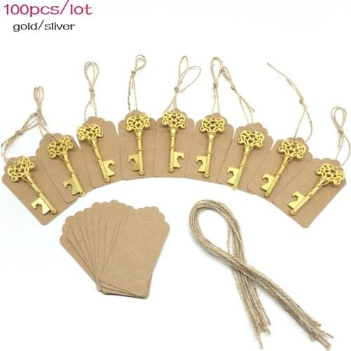 Wedding Souvenirs 100Pcs/lot Vintage Key Bottle Opener+Tags+Rope Wedding Favors and Gifts for Guest Event Party Supplies 2018