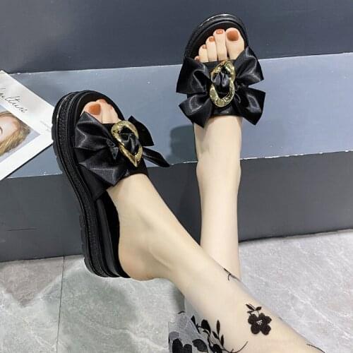 Flat Platform Slippers Women Metal Button Bow Wedge Slippers Women Summer Shoes Casual Beach Open Toe Thick Sole Slides