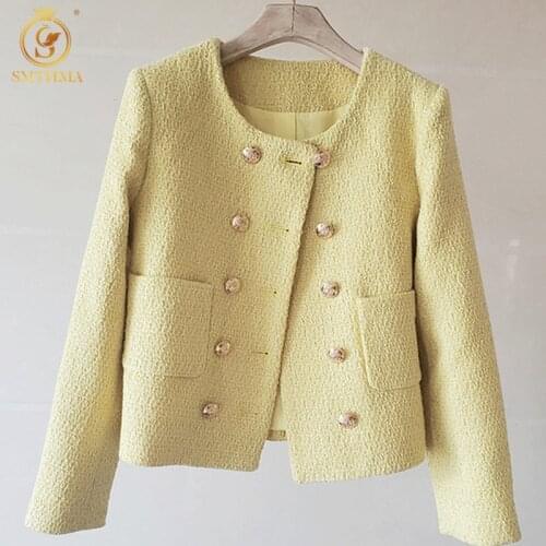High Quality Fashion Women Luxury Autumn Spring Elegant Vintage Ladies Yellow Tweed Jacket Coat Womens Double Breasted Outwear