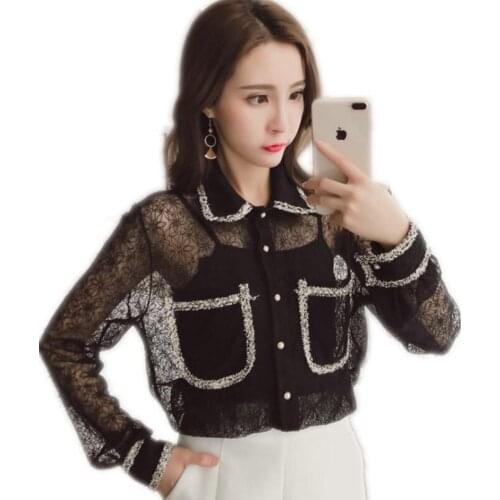 Sexy Transparent 2018 New Women Lace Spring Summer Blouses Turn-Down Collar Fashion Tassels Shirts Hollow Out Short Blouses Q067