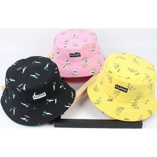 2019 Cute Bucket Hat for Women Fruit Printed Yellow Streetwear Panama Fishing Hat Korean K Pop Reversible Flat Bucket Visor Hat
