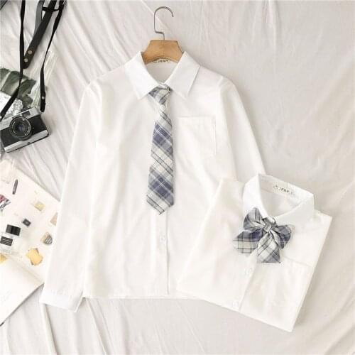 Spring Autumn Preppy Lolita White Shirts Women Top Sweet Girl JK Uniform Shirt Plaid Tie Bow Multiple Long Sleeve Chiffon Blouse