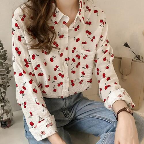 Women Vintage Matching Fruit Pattern Print Shirt Office Lady Long Sleeve Business Blouses Chic Autumn Retro Tops Блузки #g1