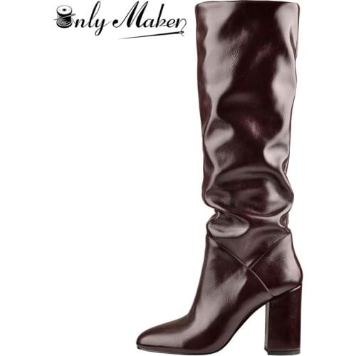 Onlymaker Womens Rounde Toe Crinkle Mid Calf Maroon Chunky Heels Boots Popular Cowboy Boots Big Size US15 EU46