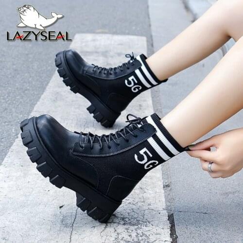 Lazyseal Platform Boots Cross Tied Autumn Ankle Boots For Women Fabric Mixed Color Boots Round Toe 5cm Heels Size 43 Women Shoes