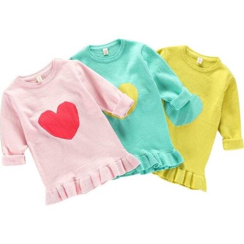 Girls O-neck Long Sleeve Thin Knitted Lovely Heart Design Solid Color Spring Sweaters Casual Fashion Wool Knitted Sweaters