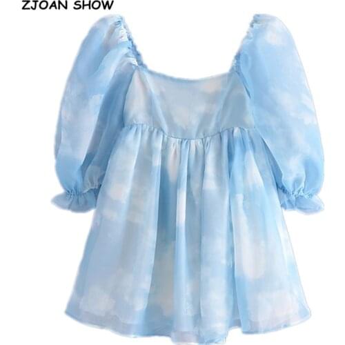 2021 Summer Blue Color Tie dye Organza Ball Gown Dress Puff Sleeve Retro Women Swing Short Dresses Fairy Cake Vestidos