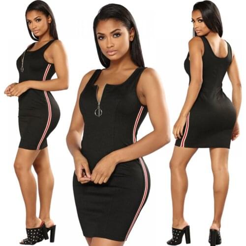 2021 Summer Womens Sling Short Skirt Black Speedy Striped Mini Dress Zipper Stitching Skinny Dress