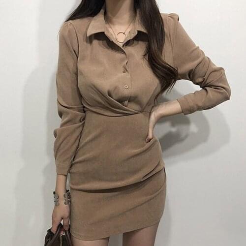 YAMDI korean solid turn-down collar dress women 2020 new woman clothing button single-breasted mini dresses female lady vestido