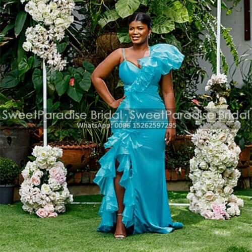 Sky Blue Mermaid Bridesmaid Dresses Ruffles Spaghetti Strap High Split Africn Women Long Maid Of Honor Dress Party Gown