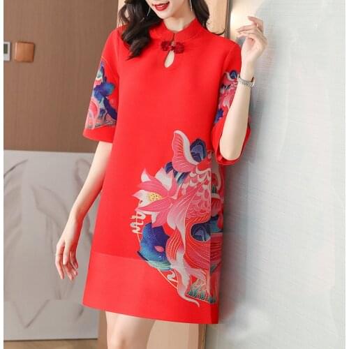 Chinese Style Miyake Pleated Improved Cheongsam Women Summer Stand Collar Buckle Vintage Floral Loose Mini Dress Female Clothes