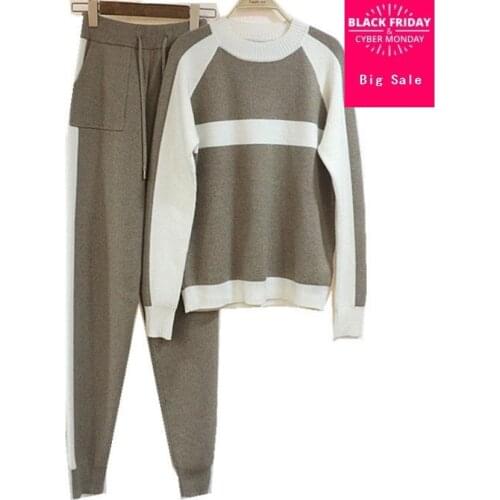 Winter Woolen and Cashmere stripe Pattern Knitted warm Suit Sweater + Mink Cashmere Trousers Leisure Two-piece wj1497