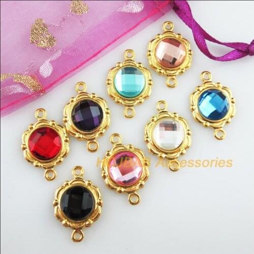 16 New Flower Charms Gold Color Retro Round Mixed Crystal Connectors 15x23mm