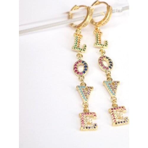 4Pairs, CZ Love Letter Long Dangle Earrings Elegant Jewelry Gold Color Engagement Brincos For Lover Jewelry Gift