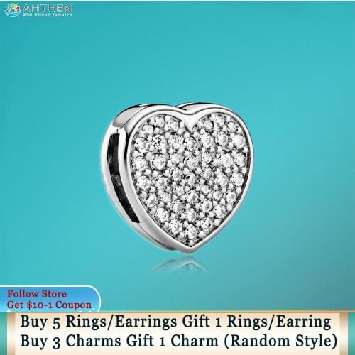 Ahthen 925 Sterling Silver Bead Silver Pave Heart Clip Charm fit Original Pandora Bracelets for Women Jewelry Making Girl Gift