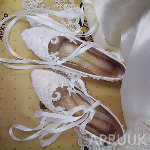 Satin riband lace up flats shoes for woman plus size 41 42 43 appliques pearls bridal bride flower girls dinner party flat shoes