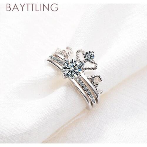 BAYTTLING 925 Sterling Silver Charm Zircon Crown 2 Pieces Open Ring For Woman Fashion Wedding Jewelry Gift