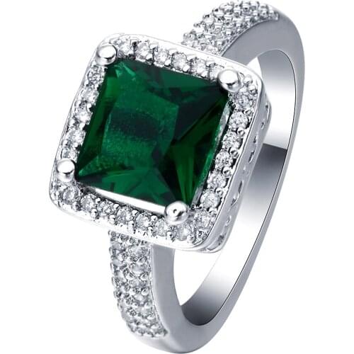 Big Size silver plated Ring with Green Micro Paved CZ High Polished White gold-color Ring for Women Luxury Engagement Jewelry