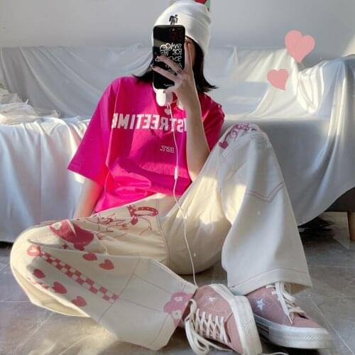Retro Harajuku Kawaii Cartoon Anime Print Straight-Leg Pants Japanese Fashion Casual Loose Lolita Trousers Soft Girl Y2k Pants