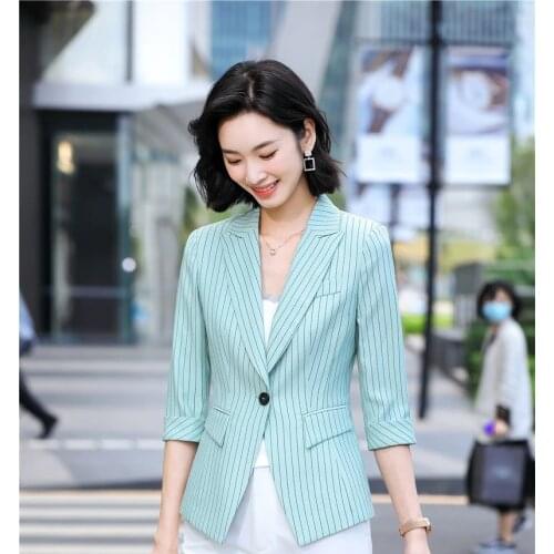 Half Sleeve Elegant Striped Spring Summer Blazers Jackets Coat for Women Formal Uniform Designs Business Work Wear Suits Blazers
