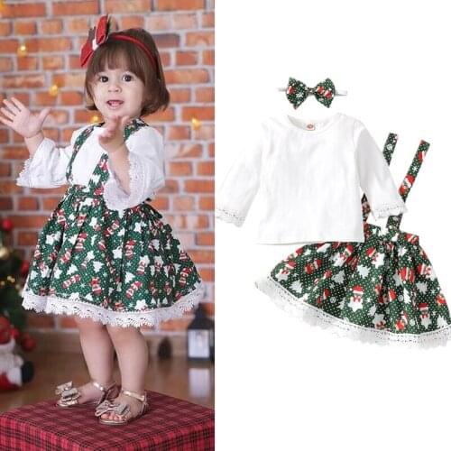 FOCUSNORM 3pcs Lovely Baby Girls Christmas Clothes Sets 0-24M Lace Long Sleeve T Shirts+Pattern Printed Suspender Dress