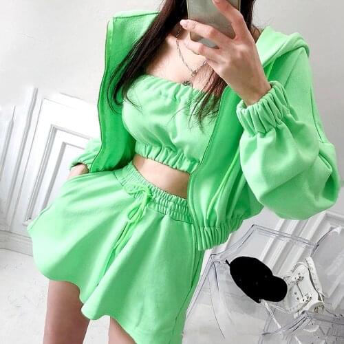Fashion High Streetwear 3 Piece Set Women Crop Top Women Short Hoodie And High Waist Shorts Pants Suits Women Clothes Set SL147