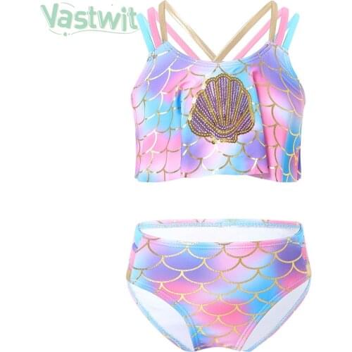 Toddler Kid Girl Mermaid Bikini Sets Shiny Sequins Mermaid Fish Scales Print Two-Piece Swimsuits Beachwear Bathing Suit Swimwear