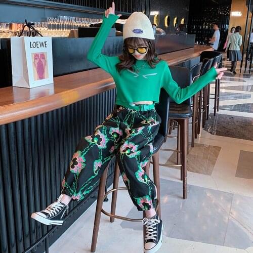 Girls Fashion Suit Green Long-sleeved Short T-shirt + Printed Loose Trousers Girls Spring And Autumn Casual Suit 5-14 Years Old