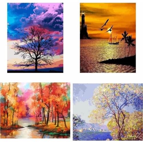 Four Seasons Trees DIY Digital Oil Painting By Numbers Paint Drawing Coloring By Number Canvas Hand Painted Modular Picture