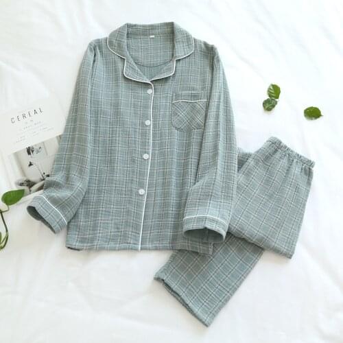 Autumn 100% Cotton Crepe Pajamas Lovers Plaid Home Clothes Plus Size Long Sleeve Sleepwear Fashion Simple Pijamas Women and Men