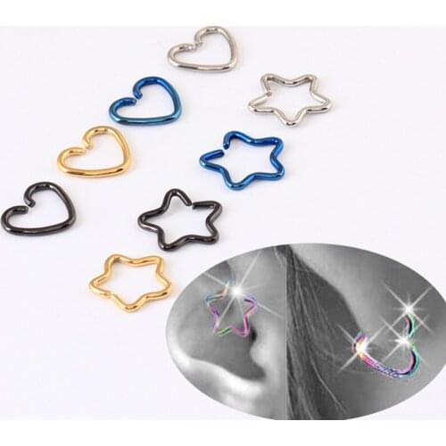 Simple Fashion Stainless Steel Stud Earrings Ear Clip Five Star Heart Orbital Piercing For Women Girl Cartilage Body Jewelry